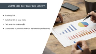 Quanto você quer pagar para vender?
• Calcule o CPA
• Calcule o ROI de cada mídia
• Seja assertivo na aquisição
• Acompanhe as principais métricas diariamente (Dashboards)
 