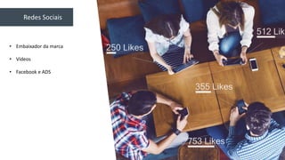 Redes Sociais
• Embaixador da marca
• Vídeos
• Facebook e ADS
 