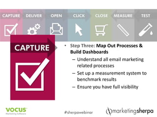 • Step Three: Map Out Processes &
  Build Dashboards
   – Understand all email marketing
     related processes
   – Set up a measurement system to
     benchmark results
   – Ensure you have full visibility
 