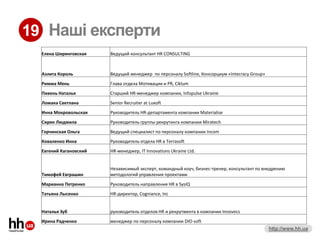 19 Наші експерти
  Елена Ширинговская    Ведущий консультант HR CONSULTING



  Аэлита Король         Ведущий менеджер по персоналу Softline, Консорциум «Intecracy Group»
  Римма Мень            Глава отдела Мотивации и PR, Ciklum
  Пивень Наталья        Старший HR-менеджер компании, Infopulse Ukraine
  Ломака Светлана       Senior Recruiter at Luxoft
  Инна Мокровольская    Руководитель HR-департамента компании Materialise
  Сирик Людмила         Руководитель группы рекрутинга компании Miratech
  Горчинская Ольга      Ведущий специалист по персоналу компании Incom
  Коваленко Инна        Руководитель отдела HR в Terrasoft
  Евгений Кагановский   HR-менеджер, IT Innovations Ukraine Ltd.


                        Независимый эксперт, командный коуч, бизнес-тренер, консультант по внедрению
  Тимофей Евграшин      методологий управления проектами
  Марианна Петренко     Руководитель направления HR в SysIQ
  Татьяна Лысенко       HR-директор, Cogniance, Inc


  Наталья Зуб           руководитель отделов HR и рекрутмента в компании Innovecs
  Ирина Радченко        менеджер по персоналу компании DIO-soft
                                                                                               http://www.hh.ua
 