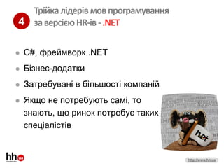 Трійка лідерів мов програмування
4 за версією HR-ів - .NET

   C#, фреймворк .NET
   Бізнес-додатки
   Затребувані в більшості компаній
   Якщо не потребують самі, то
    знають, що ринок потребує таких
    спеціалістів


                                       http://www.hh.ua
 