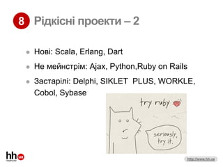 8 Рідкісні проекти – 2

    Нові: Scala, Erlang, Dart
    Не мейнстрім: Ajax, Python,Ruby on Rails
    Застарілі: Delphi, SIKLET PLUS, WORKLE,
     Cobol, Sybase




                                            http://www.hh.ua
 