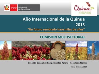 Año Internacional de la Quinua
2013
“Un futuro sembrado hace miles de años”
Dirección General de Competitividad Agraria – Secretaría Técnica
Lima, Setiembre 2012
COMISION MULTISECTORIAL
 