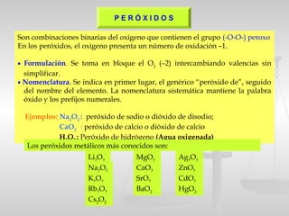 Son combinaciones binarias del oxígeno que contienen el grupo (-O-O-) peroxo
En los peróxidos, el oxígeno presenta un número de oxidación –1.
• Formulación. Se toma en bloque el O2
(–2) intercambiando valencias sin
simplificar.
• Nomenclatura. Se indica en primer lugar, el genérico “peróxido de”, seguido
del nombre del elemento. La nomenclatura sistemática mantiene la palabra
óxido y los prefijos numerales.
Ejemplos: Na2
O2
: peróxido de sodio o dióxido de disodio;
CaO2
: peróxido de calcio o dióxido de calcio
H2O2 : Peróxido de hidrógeno (Agua oxigenada)
Los peróxidos metálicos más conocidos son:
Li2
O2
Na2
O2
K2
O2
Rb2
O2
Cs2
O2
MgO2
CaO2
SrO2
BaO2
Ag2
O2
ZnO2
CdO2
HgO2
P E R Ó X I D O S
 