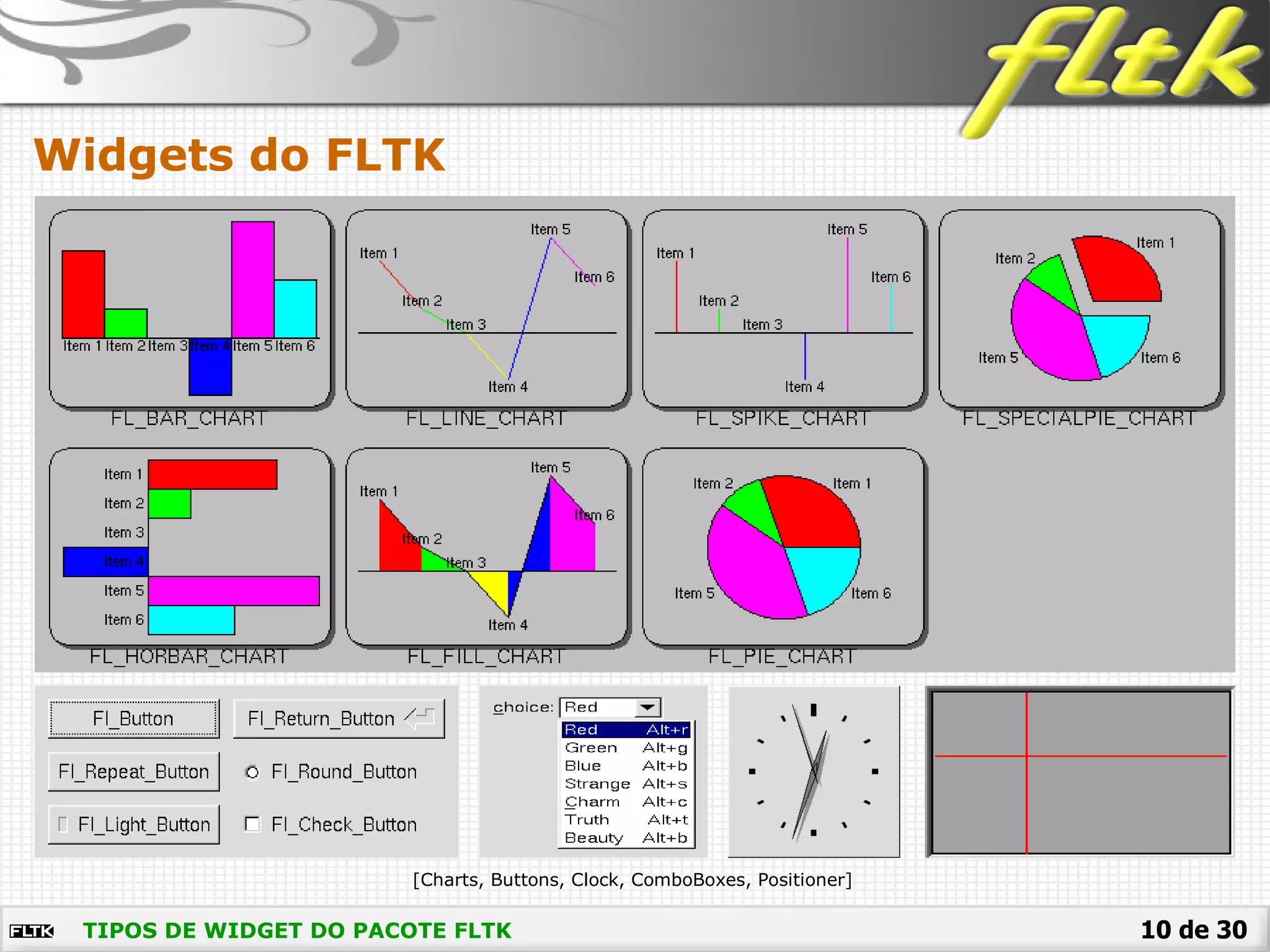 10 de 30
Widgets do FLTK
TIPOS DE WIDGET DO PACOTE FLTK
[Charts, Buttons, Clock, ComboBoxes, Positioner]
 