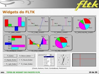 10 de 30
Widgets do FLTK
TIPOS DE WIDGET DO PACOTE FLTK
[Charts, Buttons, Clock, ComboBoxes, Positioner]
 