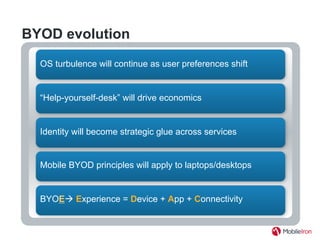 BYOD evolution
“Help-yourself-desk” will drive economics
Identity will become strategic glue across services
BYOEà Experience = Device + App + Connectivity
Mobile BYOD principles will apply to laptops/desktops
OS turbulence will continue as user preferences shift
 