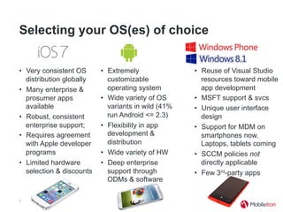 Selecting your OS(es) of choice
•  Very consistent OS
distribution globally
•  Many enterprise &
prosumer apps
available
•  Robust, consistent
enterprise support;
•  Requires agreement
with Apple developer
programs
•  Limited hardware
selection & discounts
12
•  Reuse of Visual Studio
resources toward mobile
app development
•  MSFT support & svcs
•  Unique user interface
design
•  Support for MDM on
smartphones now.
Laptops, tablets coming
•  SCCM policies not
directly applicable
•  Few 3rd-party apps
•  Extremely
customizable
operating system
•  Wide variety of OS
variants in wild (41%
run Android <= 2.3)
•  Flexibility in app
development &
distribution
•  Wide variety of HW
•  Deep enterprise
support through
ODMs & software
 