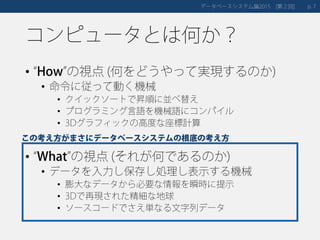 コンピュータとは何か？
• “How”の視点 (何をどうやって実現するのか)
• 命令に従って動く機械
• クイックソートで昇順に並べ替え
• プログラミング言語を機械語にコンパイル
• 3Dグラフィックの高度な座標計算
• “What”の視点 (それが何であるのか)
• データを入力し保存し処理し表示する機械
• 膨大なデータから必要な情報を瞬時に提示
• 3Dで再現された精細な地球
• ソースコードでさえ単なる文字列データ
データベースシステム論 第２回2015 [ ] 7p.
この考え方がまさにデータベースシステムの根底の考え方
 