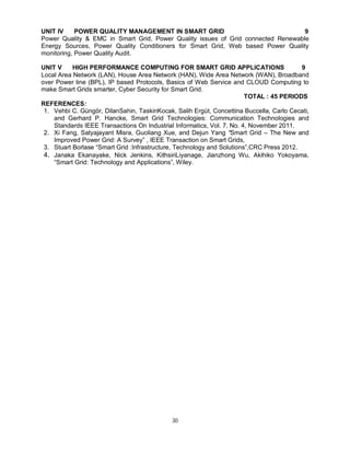 UNIT IV
POWER QUALITY MANAGEMENT IN SMART GRID
9
Power Quality & EMC in Smart Grid, Power Quality issues of Grid connected Renewable
Energy Sources, Power Quality Conditioners for Smart Grid, Web based Power Quality
monitoring, Power Quality Audit.
UNIT V
HIGH PERFORMANCE COMPUTING FOR SMART GRID APPLICATIONS
9
Local Area Network (LAN), House Area Network (HAN), Wide Area Network (WAN), Broadband
over Power line (BPL), IP based Protocols, Basics of Web Service and CLOUD Computing to
make Smart Grids smarter, Cyber Security for Smart Grid.
TOTAL : 45 PERIODS
REFERENCES:
1. Vehbi C. Güngör, DilanSahin, TaskinKocak, Salih Ergüt, Concettina Buccella, Carlo Cecati,
and Gerhard P. Hancke, Smart Grid Technologies: Communication Technologies and
Standards IEEE Transactions On Industrial Informatics, Vol. 7, No. 4, November 2011.
2. Xi Fang, Satyajayant Misra, Guoliang Xue, and Dejun Yang “Smart Grid – The New and
Improved Power Grid: A Survey” , IEEE Transaction on Smart Grids,
3. Stuart Borlase “Smart Grid :Infrastructure, Technology and Solutions”,CRC Press 2012.
4. Janaka Ekanayake, Nick Jenkins, KithsiriLiyanage, Jianzhong Wu, Akihiko Yokoyama,
“Smart Grid: Technology and Applications”, Wiley.

30

 