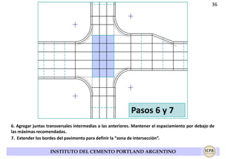 36

Pasos 6 y 7
6. Agregar juntas transversales intermedias a las anteriores. Mantener el espaciamiento por debajo de
las máximas recomendadas.
7. Extender los bordes del pavimento para definir la “zona de intersección”.
INSTITUTO DEL CEMENTO PORTLAND ARGENTINO

 
