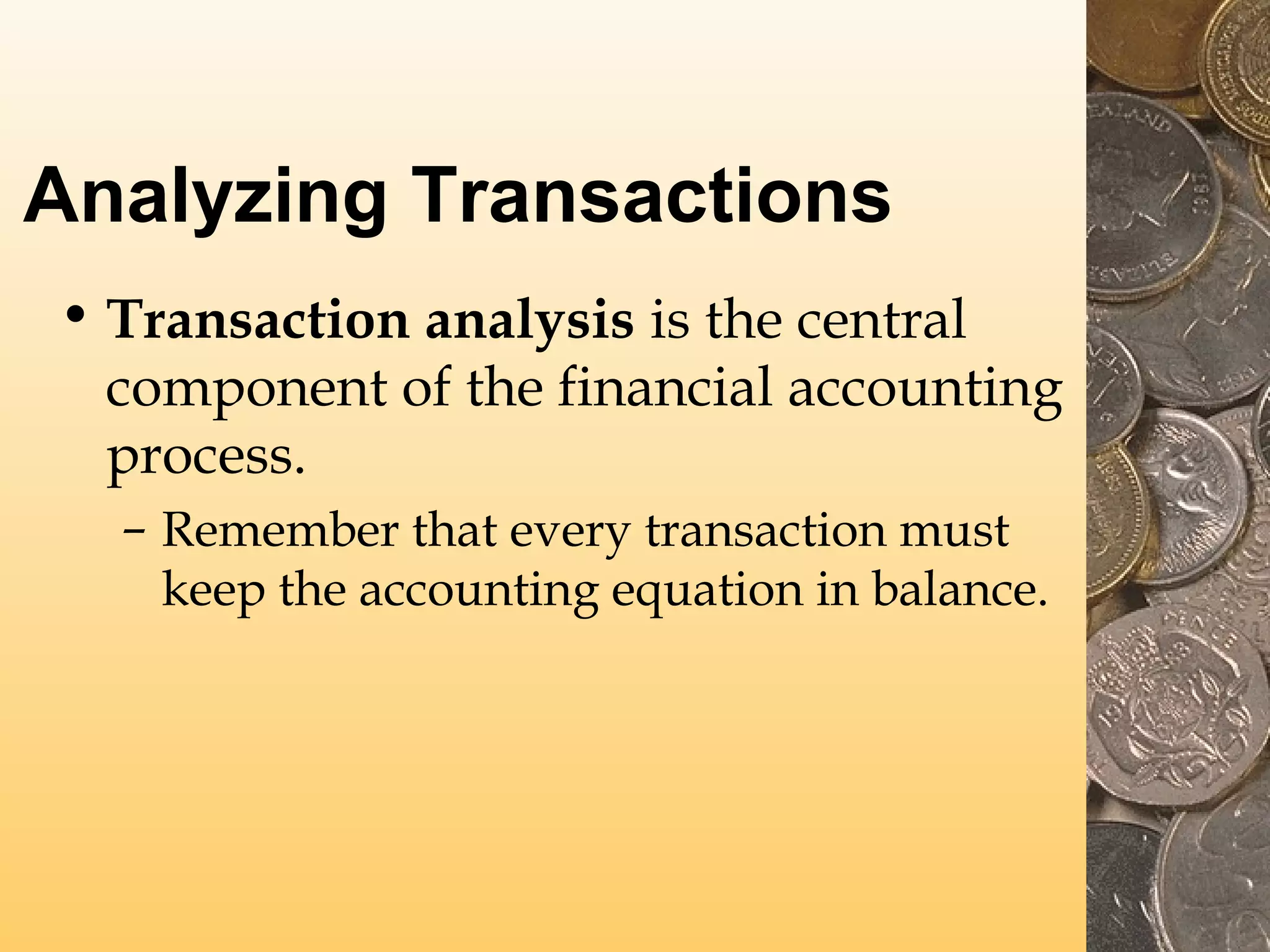 Analyzing Transactions
• Transaction analysis is the central
component of the financial accounting
process.
– Remember that every transaction must
keep the accounting equation in balance.

 
