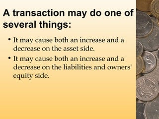 A transaction may do one of
several things:
• It may cause both an increase and a
decrease on the asset side.
• It may cause both an increase and a
decrease on the liabilities and owners'
equity side.

 