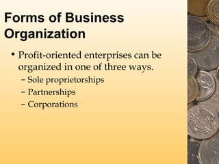 Forms of Business
Organization
• Profit-oriented enterprises can be
organized in one of three ways.
– Sole proprietorships
– Partnerships
– Corporations

 