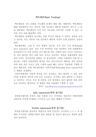 백트래킹(Back Tracking)


백트래킹은 모든 조합을 시도해서 문제의 해를 찾는 방법이다. 백트래킹은
해를 얻을때까지 모든 경우의 수를 시도하기 때문에 언젠가는 반드시 그 답
을 찾아낸다. 백트래킹은 우선 모든 가능성을 나무처럼 구성할 수 있고, 나
무의 가지 중에 해결책이 이다.
백트래킹은 문제에서 요구하는 답을 무조건 내놓을 수 있다는 장점을 가지
고 있지만, 모든 경우의 수를 검사하기 때문에 시간이 오래 걸린다는 단점이
있다.
백트래킹에는 크게 두 가지 방법이 있는데, 우선 깊이 우선 탐색(Depth
First Search)이 있다. 깊이 우선 탐색이란 가장 처음에서 가장 아래쪽까지
들어갔다가 더 이상 들어갈 곳이 없으면 위로 나와서 다른 곳으로 들어가고,
또 길이 없으면 다시 나와 다른 곳으로 들어가는 과정을 되풀이하여 답을
찾아 나가는 알고리즘을 말한다. 이 알고리즘은 스택을 사용하여 수현 할 수
있는데, 스택이 후입선출의 형식을 가진 자료구조이기 때문에, 깊이 들어갔
다가 바로 위로 나오는 것을 스택의 top을 빼는 것으로 간단하게 구현할 수
있기 때문이다. 또한 백트래킹에는 너비우선탐색(Breadth First Search)이라
는 방법도 존재한다.
너비우선탐색은 처음의 경우를 모두 조사하고, 답이 없다면 그 다음 깊이
(다음 단계)의 경우의 수를 모두 조사하고, 거기에도 답이 없다면 그 다음으
로 넘어가는 식으로 우선 한 라인을 모두 탐색하고 답이 없다면 다음 라인
으로 넘어가는 방식이다. 이 방법은 큐를 이용하여 구현할 수 있다.
                   출처 : http://blog.naver.com/dimigozzang/110122521040


              Infix expression(중위 표기법)
중위표기법이란 우리가 가장 흔하게 쓰는 수식이다. 연산자가 피연산자와
피연산자 사이에 존재하는 수식으로 a+2 같은 형태의 수식이다.



              Postfix expression(후위 표기법)
후위표기법이란 연산자가 피연산자 뒤에 들어가는 수식이다. a 2 + 의 형
태의 수식이며, 중위표기법과 달리 괄호를 쓸 필요가 없으므로 연산의 효율
성이 높아진다.
 
