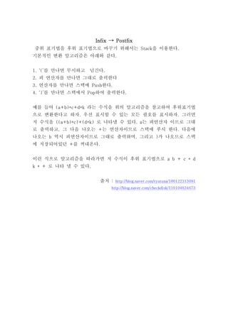 Infix → Postfix
중위 표기법을 후위 표기법으로 바꾸기 위해서는 Stack을 이용한다.
기본적인 변환 알고리즘은 아래와 같다.


1. ‘(’를 만나면 무시하고 넘긴다.
2. 피 연산자를 만나면 그대로 출력한다
3. 연산자를 만나면 스택에 Push한다.
4. ‘)’를 만나면 스택에서 Pop하여 출력한다.


예를 들어 (a+b)*c+d*k 라는 수식을 위의 알고리즘을 참고하여 후위표기법
으로 변환한다고 하자. 우선 표시할 수 있는 모든 괄호를 표시하자. 그러면
저 수식을 ((a+b)*c)+(d*k) 로 나타낼 수 있다. a는 피연산자 이므로 그대
로 출력하고, 그 다음 나오는 +는 연산자이므로 스택에 푸시 한다. 다음에
나오는 b 역시 피연산자이므로 그대로 출력하며, 그리고 )가 나오므로 스택
에 저장되어있던 +를 꺼내온다.


이런 식으로 알고리즘을 따라가면 저 수식이 후위 표기법으로 a b + c * d
k * + 로 나타 낼 수 있다.


                      출처 : http://blog.naver.com/ryutuna/100122313091
                           http://blog.naver.com/checkdisk/110104634673
 