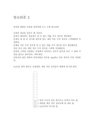 알고리즘 2

일차원 배열을 이용한 말의여행 소스 구현 알고리즘


①말의 좌표를 십진수 화 시킨다.
②말이 해당하는 좌표에서 갈 수 있는 여덟 가지 경우를 계산한다.
③계산 한 값 중 장기판 내부에 있는 제일 작은 수의 경우를 스택배열에 저
장한다.
④제일 작은 수의 경우에 갈 수 있는 여덟 가지 경우를 다시 계산해준다.
⑤또 다시 나온 제일 작은 수의 경우를 스택에 저장해준다.
⑥만일 스택에 저장하는 과정에서 중복되는 경우가 있으면 다시 그 앞에 저
장된 값으로 돌아간다.→백트래킹
⑦돌아간 값은 앞에서 중복되었던 경우를 skip하고 다른 경우의 수를 저장한
다.


(0,0)을 입력 한다고 가정하면, 제일 작은 숫자들이 배열에 담기게 된다.


             .
             .
             .
             .
             .
             .
             .
             .
             .
             .
             .
             2,4 ←밑의 수들과 같은 방식으로 들어간 다른 값.
             1,2 ←계산된 제일 작은 십진수화 된 좌표 값.
             0,0 ←(0,0)부터 담기게 됨.
 
