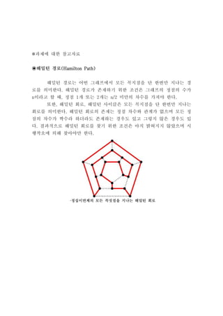 ※과제에 대한 참고자료


◉해밀턴 경로(Hamilton Path)


     해밀턴 경로는 어떤 그래프에서 모든 꼭지점을 단 한번만 지나는 경
로를 의미한다. 해밀턴 경로가 존재하기 위한 조건은 그래프의 정점의 수가
n이라고 할 때, 정점 1개 또는 2개는 n/2 미만의 차수를 가져야 한다.
     또한, 해밀턴 회로, 해밀턴 사이클은 모든 꼭지점을 단 한번만 지나는
회로를 의미한다. 해밀턴 회로의 존재는 정점 차수와 관계가 없으며 모든 정
점의 차수가 짝수라 하더라도 존재하는 경우도 있고 그렇지 않은 경우도 있
다. 결과적으로 해밀턴 회로를 찾기 위한 조건은 아직 밝혀지지 않았으며 시
행착오에 의해 찾아야만 한다.




             ·정십이면체의 모든 꼭짓점을 지나는 해밀턴 회로
 