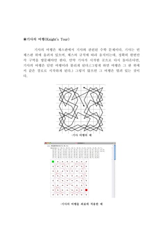 ◉기사의 여행(Knight’s Tour)


     기사의 여행은 체스판에서 기사와 관련된 수학 문제이다. 기사는 빈
체스판 위에 올려져 있으며, 체스의 규칙에 따라 움직이는데, 정확히 한번만
각 구역을 방문해야만 한다. 만약 기사가 시작한 곳으로 다시 돌아온다면,
기사의 여행은 닫힌 여행이라 불리게 된다.(그렇게 하면 여행은 그 판 위에
서 같은 경로로 시작하게 된다.) 그렇지 않으면 그 여행은 열려 있는 것이
다.




                         ·기사 여행의 예




                 ·기사의 여행을 좌표에 적용한 예
 