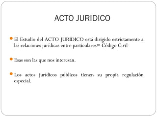 ACTO JURIDICO
El Estudio del ACTO JURIDICO está dirigido estrictamente a

las relaciones jurídicas entre particulares= Código Civil

Esas son las que nos interesan.
Los actos jurídicos públicos tienen su propia regulación

especial.

 