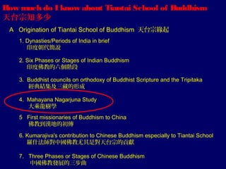 How much do I know about Tiantai School of Buddhism
天台宗知多少
A Origination of Tiantai School of Buddhism 天台宗緣起
1. Dynasties/Periods of India in brief
印度朝代簡說
2. Six Phases or Stages of Indian Buddhism
印度佛教的六個階段
3. Buddhist councils on orthodoxy of Buddhist Scripture and the Tripitaka
經典結集及三藏的形成
4. Mahayana Nagarjuna Study
大乘龍樹學
5 First missionaries of Buddhism to China
佛教到漢地的初傳
6. Kumarajiva's contribution to Chinese Buddhism especially to Tiantai School
羅什法師對中國佛教尤其是對天台宗的貢獻
7. Three Phases or Stages of Chinese Buddhism
中國佛教發展的三步曲

 