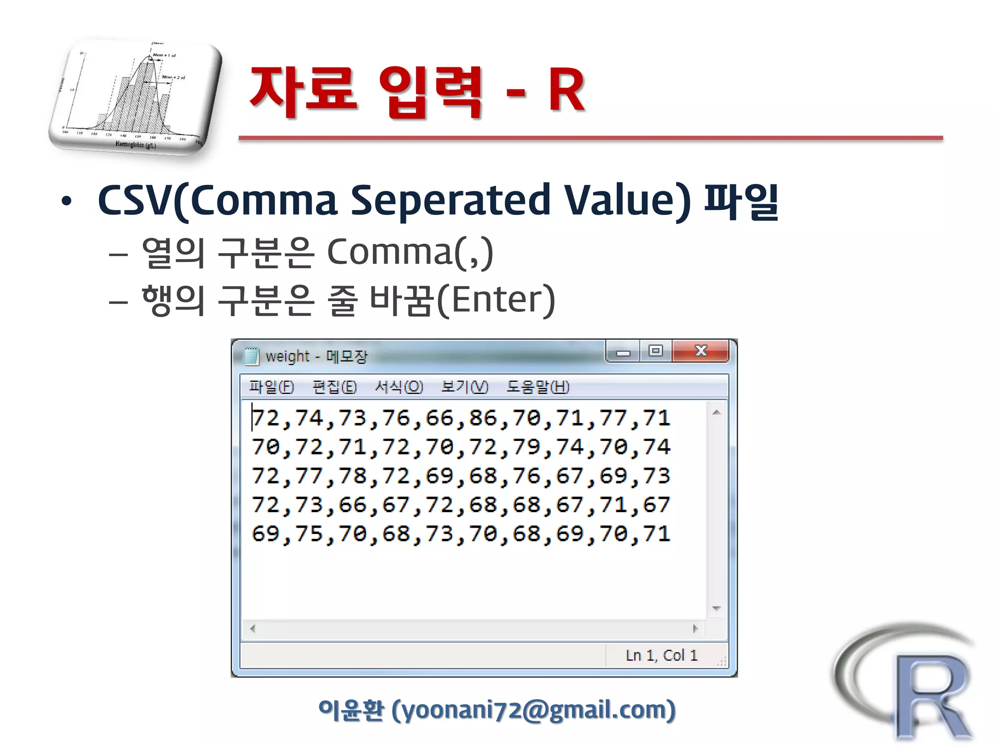 자료 입력 - R
• CSV(Comma Seperated Value) 파일
– 열의 구분은 Comma(,)
– 행의 구분은 줄 바꿈(Enter)

이윤환 (yoonani72@gmail.com)

 