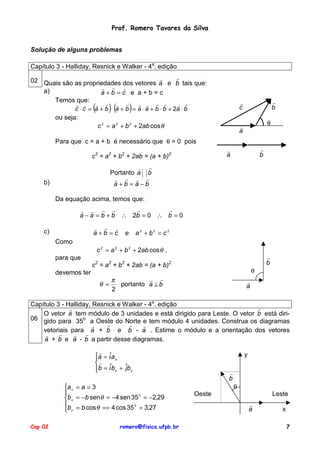 Prof. Romero Tavares da Silva
Solução de alguns problemas
Capítulo 3 - Halliday, Resnick e Walker - 4a. edição
!
!
02 Quais são as propriedades dos vetores a e b tais que:
! ! !
a)
a+b =c e a+b=c
Temos que:
! !
! ! ! !
! ! ! !
! !
c ⋅ c = a + b ⋅ a + b = a ⋅ a + b ⋅ b + 2a ⋅ b
ou seja:
c 2 = a 2 + b 2 + 2ab cos θ

(

)(

)

!
b

!
c
θ

!
a

Para que c = a + b é necessário que θ = 0 pois
!
b

!
a

c2 = a2 + b2 + 2ab = (a + b)2
! !
Portanto a b
! ! ! !
a+b =a−b

b)

Da equação acima, temos que:
!
!
! ! ! !
a − a = b + b ∴ 2b = 0 ∴ b = 0
! ! !
a+b =c

c)

e

a2 + b2 = c 2

Como
c 2 = a 2 + b 2 + 2ab cos θ ,
para que

2

2

2

!
b

2

c = a + b + 2ab = (a + b)
devemos ter

θ =

θ

! !
π
portanto a ⊥ b
2

!
a

Capítulo 3 - Halliday, Resnick e Walker - 4a. edição
!
!
O vetor a tem módulo de 3 unidades e está dirigido para Leste. O vetor b está diri06 gido para 350 a Oeste do Norte e tem módulo 4 unidades. Construa os diagramas
!
!
!
!
vetoriais para ! a + b e b - a . Estime o módulo e a orientação dos vetores
!
!
!
a + b e a - b a partir desse diagramas.
!
a = iˆa x

! ˆ
j
b = i b x + ˆb y

a x = a = 3

0
b x = −b senθ = −4 sen 35 = −2,29
b = b cos θ == 4 cos 35 0 = 3,27
 y
Cap 02

romero@fisica.ufpb.br

y
!
b
θ
Oeste

Leste
!
a

x
7

 