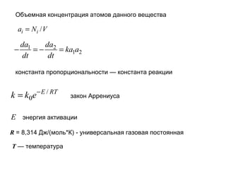 Объемная концентрация атомов данного вещества

ai = Ni / V

da1
da2
−
=−
= ka1a2
dt
dt
константа пропорциональности — константа реакции

k = k0e

− E / RT

закон Аррениуса

E энергия активации
R = 8,314 Дж/(моль*К) - универсальная газовая постоянная
Т — температура

 