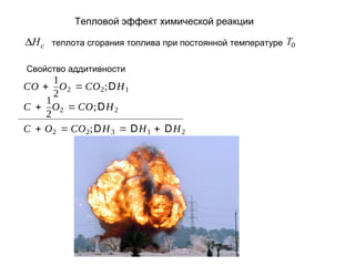 Тепловой эффект химической реакции

∆H c теплота сгорания топлива при постоянной температуре T0
Свойство аддитивности

1
CO + O 2 = CO 2; D H 1
2
1
C + O2 = CO ; D H 2
2
C + O2 = CO2 ; D H 3 = D H 1 + D H 2

 