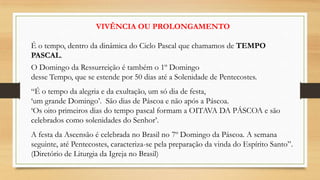 VIVÊNCIA OU PROLONGAMENTO
É o tempo, dentro da dinâmica do Ciclo Pascal que chamamos de TEMPO
PASCAL.
O Domingo da Ressurreição é também o 1º Domingo
desse Tempo, que se estende por 50 dias até a Solenidade de Pentecostes.

“É o tempo da alegria e da exultação, um só dia de festa,
„um grande Domingo‟. São dias de Páscoa e não após a Páscoa.
„Os oito primeiros dias do tempo pascal formam a OITAVA DA PÁSCOA e são
celebrados como solenidades do Senhor‟.
A festa da Ascensão é celebrada no Brasil no 7º Domingo da Páscoa. A semana
seguinte, até Pentecostes, caracteriza-se pela preparação da vinda do Espírito Santo”.
(Diretório de Liturgia da Igreja no Brasil)

 