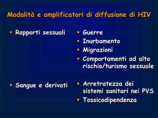 Modalità e amplificatori di diffusione di HIV
§  Rapporti sessuali
§  Sangue e derivati
§  Guerre
§  Inurbamento
§  Migrazioni
§  Comportamenti ad alto
rischio/turismo sessuale
§  Arretratezza dei
sistemi sanitari nei PVS
§  Tossicodipendenza
 