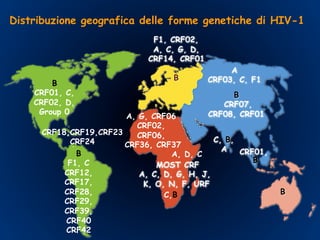 Distribuzione geografica delle forme genetiche di HIV-1
B
CRF01, C,
CRF02, D,
Group 0
B
F1, C
CRF12,
CRF17,
CRF28,
CRF29,
CRF39,
CRF40
CRF42
F1, CRF02,
A, C, G, D,
CRF14, CRF01
B
A
CRF03, C, F1
A, D, C
A, G, CRF06
CRF02,
CRF06,
CRF36, CRF37
C,B
B
CRF07,
CRF08, CRF01
CRF01,
B
B
C, B,
A
MOST CRF
A, C, D, G, H, J,
K, O, N, F, URF
CRF18,CRF19,CRF23
CRF24
 