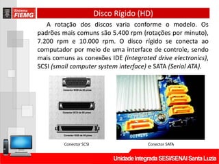 Disco Rígido (HD)
A rotação dos discos varia conforme o modelo. Os
padrões mais comuns são 5.400 rpm (rotações por minuto),
7.200 rpm e 10.000 rpm. O disco rígido se conecta ao
computador por meio de uma interface de controle, sendo
mais comuns as conexões IDE (integrated drive electronics),
SCSI (small computer system interface) e SATA (Serial ATA).
 