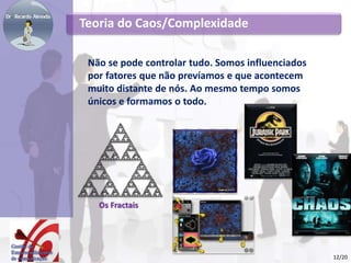 Não se pode controlar tudo. Somos influenciados
por fatores que não prevíamos e que acontecem
muito distante de nós. Ao mesmo tempo somos
únicos e formamos o todo.
Os Fractais
Teoria do Caos/Complexidade
12/20
 