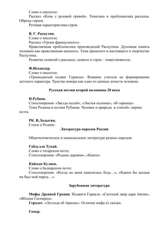 Слово о писателе.
Рассказ «Конь с розовой гривой». Тематика и проблематика рассказа.
Образы героев.
Речевая характеристика героя.
В. Г. Распутин.
Слово о писателе.
Рассказ «Уроки французского».
Нравственная проблематика произведений Распутина. Духовная память
человека как нравственная ценность. Тема прошлого и настоящего в творчестве
Распутина.
Развитие понятий о рассказе, сюжете и герое – повествователе.
Ф.Искандер.
Слово о писателе.
«Тринадцатый подвиг Геракла». Влияние учителя на формирование
детского характера. Чувство юмора как одно из ценных качеств человека.
Русская поэзия второй половины 20 века
Н.Рубцов.
Стихотворения: «Звезда полей», «Листья осенние», «В горнице».
Тема Родины в поэзии Рубцова. Человек и природа в «тихой» лирике
поэта.
РК. В.Лодыгин.
Стихи о Родине.
Литература народов России
Общечеловеческое и национальное литературе разных народов.
Габдулла Тукай.
Слово о татарском поэте.
Стихотворения: «Родная деревня», «Книга».
Кайсын Кулиев.
Слово о балкарском поэте.
Стихотворения: «Когда на меня навалилась беда…», «Каким бы малым
ни был мой народ…».
Зарубежная литература
Мифы Древней Греции. Подвиги Геракла: «Скотный двор царя Авгия»,
«Яблоки Геспирид».
Геродот. «Легенда об Арионе». Отличие мифа от сказки.
Гомер.
 