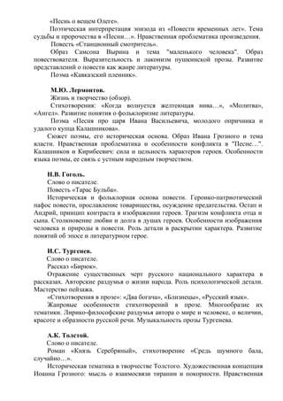 «Песнь о вещем Олеге».
Поэтическая интерпретация эпизода из «Повести временных лет». Тема
судьбы и пророчества в «Песни…». Нравственная проблематика произведения.
Повесть «Станционный смотритель».
Образ Самсона Вырина и тема "маленького человека". Образ
повествователя. Выразительность и лаконизм пушкинской прозы. Развитие
представлений о повести как жанре литературы.
Поэма «Кавказский пленник».
М.Ю. Лермонтов.
Жизнь и творчество (обзор).
Стихотворения: «Когда волнуется желтеющая нива…», «Молитва»,
«Ангел». Развитие понятия о фольклоризме литературы.
Поэма «Песня про царя Ивана Васильевича, молодого опричника и
удалого купца Калашникова».
Сюжет поэмы, его историческая основа. Образ Ивана Грозного и тема
власти. Нравственная проблематика и особенности конфликта в "Песне…".
Калашников и Кирибеевич: сила и цельность характеров героев. Особенности
языка поэмы, ее связь с устным народным творчеством.
Н.В. Гоголь.
Слово о писателе.
Повесть «Тарас Бульба».
Историческая и фольклорная основа повести. Героико-патриотический
пафос повести, прославление товарищества, осуждение предательства. Остап и
Андрий, принцип контраста в изображении героев. Трагизм конфликта отца и
сына. Столкновение любви и долга в душах героев. Особенности изображения
человека и природы в повести. Роль детали в раскрытии характера. Развитие
понятий об эпосе и литературном герое.
И.С. Тургенев.
Слово о писателе.
Рассказ «Бирюк».
Отражение существенных черт русского национального характера в
рассказах. Авторские раздумья о жизни народа. Роль психологической детали.
Мастерство пейзажа.
«Стихотворения в прозе»: «Два богача», «Близнецы», «Русский язык».
Жанровые особенности стихотворений в прозе. Многообразие их
тематики. Лирико-философские раздумья автора о мире и человеке, о величии,
красоте и образности русской речи. Музыкальность прозы Тургенева.
А.К. Толстой.
Слово о писателе.
Роман «Князь Серебряный», стихотворение «Средь шумного бала,
случайно…».
Историческая тематика в творчестве Толстого. Художественная концепция
Иоанна Грозного: мысль о взаимосвязи тирании и покорности. Нравственная
 