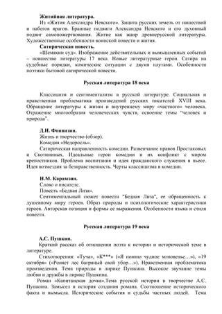 Житийная литература.
Из «Жития Александра Невского». Защита русских земель от нашествий
и набегов врагов. Бранные подвиги Александра Невского и его духовный
подвиг самопожертвования. Житие как жанр древнерусской литературы.
Художественные особенности воинской повести и жития.
Сатирическая повесть.
«Шемякин суд». Изображение действительных и вымышленных событий
– новшество литературы 17 века. Новые литературные герои. Сатира на
судебные порядки, комические ситуации с двумя плутами. Особенности
поэтики бытовой сатирической повести.
Русская литература 18 века
Классицизм и сентиментализм в русской литературе. Социальная и
нравственная проблематика произведений русских писателей XVIII века.
Обращение литературы к жизни и внутреннему миру «частного» человека.
Отражение многообразия человеческих чувств, освоение темы “человек и
природа”.
Д.И. Фонвизин.
Жизнь и творчество (обзор).
Комедия «Недоросль».
Сатирическая направленность комедии. Развенчание нравов Простаковых
и Скотининых. Идеальные герои комедии и их конфликт с миром
крепостников. Проблема воспитания и идея гражданского служения в пьесе.
Идея возмездия за безнравственность. Черты классицизма в комедии.
Н.М. Карамзин.
Слово о писателе.
Повесть «Бедная Лиза».
Сентиментальный сюжет повести "Бедная Лиза", ее обращенность к
душевному миру героев. Образ природы и психологические характеристики
героев. Авторская позиция и формы ее выражения. Особенности языка и стиля
повести.
Русская литература 19 века
А.С. Пушкин.
Краткий рассказ об отношении поэта к истории и исторической теме в
литературе.
Стихотворения: «Туча», «К***» («Я помню чудное мгновенье…»), «19
октября» («Роняет лес багряный свой убор…»). Нравственная проблематика
произведения. Тема природы в лирике Пушкина. Высокое звучание темы
любви и дружбы в лирике Пушкина.
Роман «Капитанская дочка».Тема русской истории в творчестве А.С.
Пушкина. Замысел и история создания романа. Соотношение исторического
факта и вымысла. Исторические события и судьбы частных людей. Тема
 