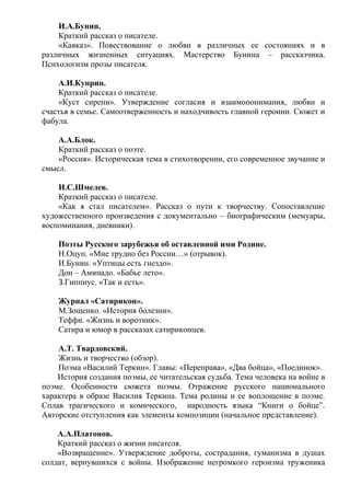 И.А.Бунин.
Краткий рассказ о писателе.
«Кавказ». Повествование о любви в различных ее состояниях и в
различных жизненных ситуациях. Мастерство Бунина – рассказчика.
Психологизм прозы писателя.
А.И.Куприн.
Краткий рассказ о писателе.
«Куст сирени». Утверждение согласия и взаимопонимания, любви и
счастья в семье. Самоотверженность и находчивость главной героини. Сюжет и
фабула.
А.А.Блок.
Краткий рассказ о поэте.
«Россия». Историческая тема в стихотворении, его современное звучание и
смысл.
И.С.Шмелев.
Краткий рассказ о писателе.
«Как я стал писателем». Рассказ о пути к творчеству. Сопоставление
художественного произведения с документально – биографическим (мемуары,
воспоминания, дневники).
Поэты Русского зарубежья об оставленной ими Родине.
Н.Оцуп. «Мне трудно без России…» (отрывок).
И.Бунин. «Уптицы есть гнездо».
Дон – Аминадо. «Бабье лето».
З.Гиппиус. «Так и есть».
Журнал «Сатирикон».
М.Зощенко. «История болезни».
Теффи. «Жизнь и воротник».
Сатира и юмор в рассказах сатириконцев.
А.Т. Твардовский.
Жизнь и творчество (обзор).
Поэма «Василий Теркин». Главы: «Переправа», «Два бойца», «Поединок».
История создания поэмы, ее читательская судьба. Тема человека на войне в
поэме. Особенности сюжета поэмы. Отражение русского национального
характера в образе Василия Теркина. Тема родины и ее воплощение в поэме.
Сплав трагического и комического, народность языка “Книги о бойце”.
Авторские отступления как элементы композиции (начальное представление).
А.А.Платонов.
Краткий рассказ о жизни писателя.
«Возвращение». Утверждение доброты, сострадания, гуманизма в душах
солдат, вернувшихся с войны. Изображение негромкого героизма труженика
 