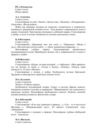 РК. А.Размыслов.
Слово о поэте.
Обзор лирики.
А.А. Ахматова.
Слово о поэте.
Стихотворения из книг «Четки», «Белая стая», «Пушкин», «Подорожник»,
«Тростник», «Ветер войны».
Война как проверка человека на мужество, человечность и патриотизм.
Активность гражданской позиции поэта. Тема родины и гражданского долга в
лирике Ахматовой. Трагические интонации в любовной лирике. Стихотворения
о любви, о поэте и поэзии. Особенности поэтики ахматовских стихов.
Б.Л.Пастернак.
Слово о поэте.
Стихотворения: «Красавица моя, вся стать…», «Перемена», «Весна в
лесу», «Во всем мне хочется дойти…», «Быть знаменитым некрасиво…».
Философская глубина лирики. Одухотворенная предметность
пастернаковской поэзии. Приобщение вечных тем к современности в стихах о
природе и любви.
М.И.Цветаева.
Слово о поэте.
Стихотворения: «Идешь, на меня похожий…», «Бабушке», «Мне нравится,
что вы больны не мной…», «Стихи к Блоку», «Родина», «Откуда такая
нежность?», «Стихи о Москве».
Стихотворения о поэзии, о любви. Особенности поэтики Цветаевой.
Традиции и новаторство в творческих поисках поэта.
М.А. Булгаков.
Слово о писателе.
Повесть «Собачье сердце».
Особенности булгаковской сатиры. Сюжет и система образов повести.
Авторская позиция и способы ее выражения. "Шариковщина" как социальное и
моральное явление. Философская проблематика повести. Развитие понятий:
художественная условность, фантастика, сатира.
Н.А.Заболоцкий.
Слово о поэте.
Стихотворения: «Я не ищу гармонии в природе…», «Где – то в поле возле
Магадана…», «Можжевеловый куст», «О красоте человеческих лиц»,
«Завещание».
Стихотворения о человеке и природе. Философская глубина обобщений
поэта – мыслителя.
М.А. Шолохов.
Слово о писателе.
 
