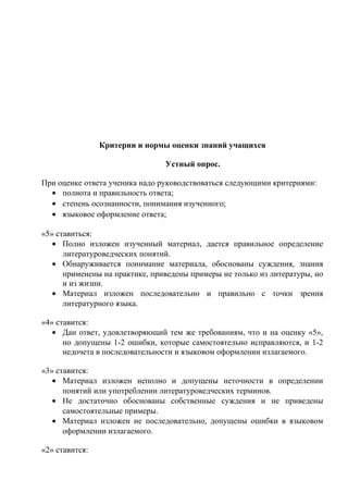 Критерии и нормы оценки знаний учащихся
Устный опрос.
При оценке ответа ученика надо руководствоваться следующими критериями:
• полнота и правильность ответа;
• степень осознанности, понимания изученного;
• языковое оформление ответа;
«5» ставиться:
• Полно изложен изученный материал, дается правильное определение
литературоведческих понятий.
• Обнаруживается понимание материала, обоснованы суждения, знания
применены на практике, приведены примеры не только из литературы, но
и из жизни.
• Материал изложен последовательно и правильно с точки зрения
литературного языка.
«4» ставится:
• Дан ответ, удовлетворяющий тем же требованиям, что и на оценку «5»,
но допущены 1-2 ошибки, которые самостоятельно исправляются, и 1-2
недочета в последовательности и языковом оформлении излагаемого.
«3» ставится:
• Материал изложен неполно и допущены неточности в определении
понятий или употреблении литературоведческих терминов.
• Не достаточно обоснованы собственные суждения и не приведены
самостоятельные примеры.
• Материал изложен не последовательно, допущены ошибки в языковом
оформлении излагаемого.
«2» ставится:
 