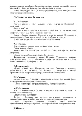 художественного мира басни. Выражение народного духа и народной мудрости
в баснях И.А. Крылова. Языковое своеобразие басен Крылова.
Теория литературы: басня (развитие представлений), аллегория (начальное
представление), эзопов язык.
РК. Творчество коми баснописцев.
В.А. Жуковский.
Краткий рассказ о поэте (детство, начало творчества, Жуковский –
сказочник).
Баллада «Кубок».
Реальное и фантастическое в балладе. Диалог как способ организации
конфликта. Талант В.А. Жуковского-переводчика.
Сказка «Спящая царевна». Сходство и отличия сказки Жуковского и
народной сказки. Герои литературной сказки, особенности сюжета.
Теория литературы: баллада (начальное представление).
А.С. Пушкин.
Краткий рассказ о жизни поэта (детство, годы учения).
Стихотворение «Няне».
Лирика как род литературы. Лирический герой, его чувства, мысли,
настроение.
«Сказка о мертвой царевне и о семи богатырях».
Фольклорные традиции в сказке Пушкина. Утверждение высоких
нравственных ценностей. Борьба добрых и злых сил; закономерность победы
добра. Понятие о стихотворной сказке.
А. Погорельский.
«Черная курица, или Подземные жители». Сказочно – условное,
фантастическое и достоверно – реальное в литературной сказке.
Нравоучительное содержание и причудливый сюжет произведения.
В.М.Гаршин.
«Attalea Princeps». Героическое и обыденное в сказке. Трагический финал
и жизнеутверждающий пафос произведения.
Теория литературы: литературная сказка, «бродячий сюжет».
М.Ю. Лермонтов.
Краткий рассказ о поэте (детство и начало литературной деятельности,
интерес к истории России).
Стихотворение «Бородино».
История Отечества как источник поэтического вдохновения и
национальной гордости. Образ простого солдата – защитника родины.
Теория литературы: сравнение, гипербола, эпитет (развитие
представлений), метафора, звукопись, аллитерация (начальное представление).
Н.В.Гоголь.
 