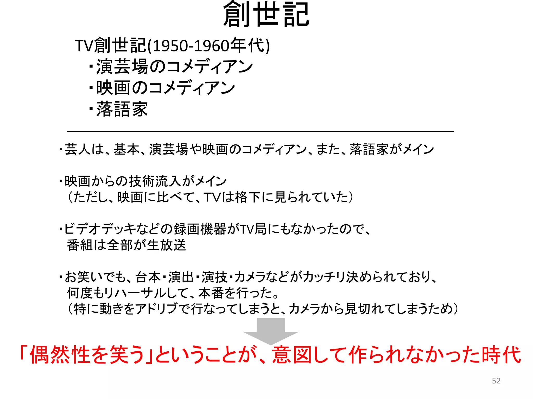 創世記 52 
TV創世記(1950-1960年代) ・演芸場のコメディアン 
・映画のコメディアン ・落語家 
・芸人は、基本、演芸場や映画のコメディアン、また、落語家がメイン 
・映画からの技術流入がメイン 
（ただし、映画に比べて、ＴＶは格下に見られていた） 
・ビデオデッキなどの録画機器がTV局にもなかったので、 
番組は全部が生放送 
・お笑いでも、台本・演出・演技・カメラなどがカッチリ決められており、 
何度もリハーサルして、本番を行った。 （特に動きをアドリブで行なってしまうと、カメラから見切れてしまうため） 
「偶然性を笑う」ということが、意図して作られなかった時代  