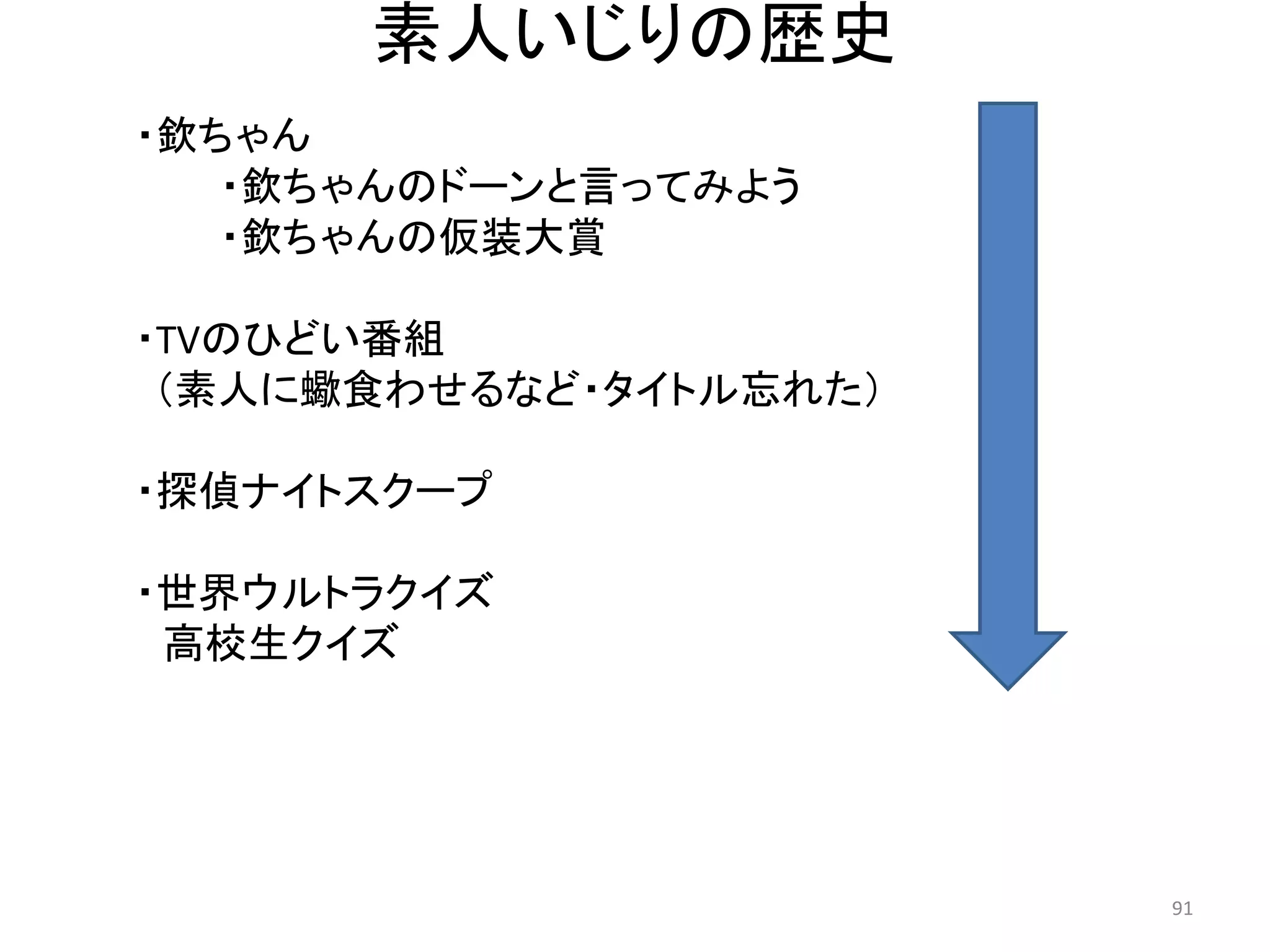 素人いじりの歴史 
・欽ちゃん 
・欽ちゃんのドーンと言ってみよう 
・欽ちゃんの仮装大賞 
・TVのひどい番組 （素人に蠍食わせるなど・タイトル忘れた） 
・探偵ナイトスクープ 
・世界ウルトラクイズ 
高校生クイズ 91 
 