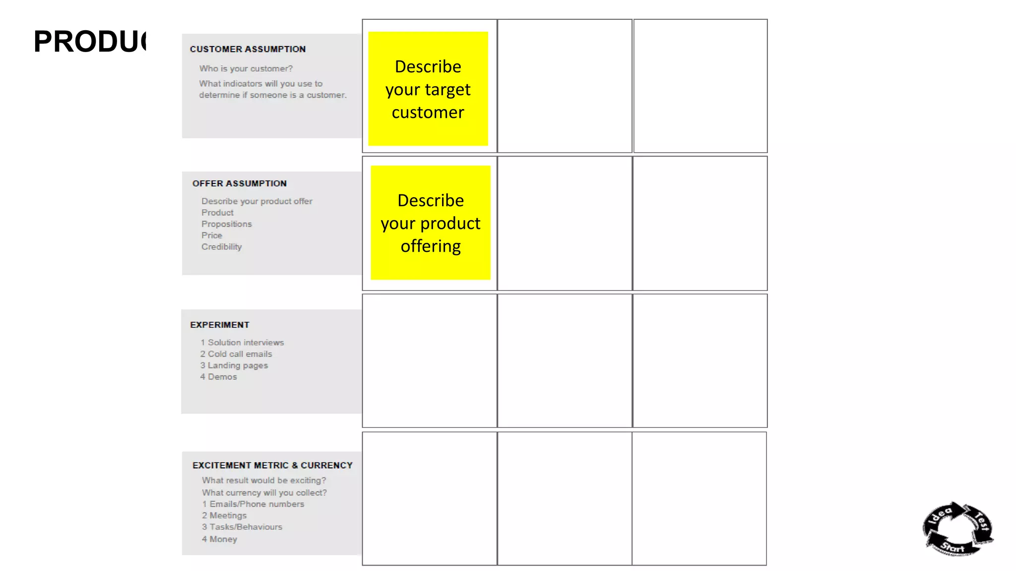 PRODUCT ASSUMPTION 
Describe 
your target 
customer 
Describe 
your product 
offering 
 
