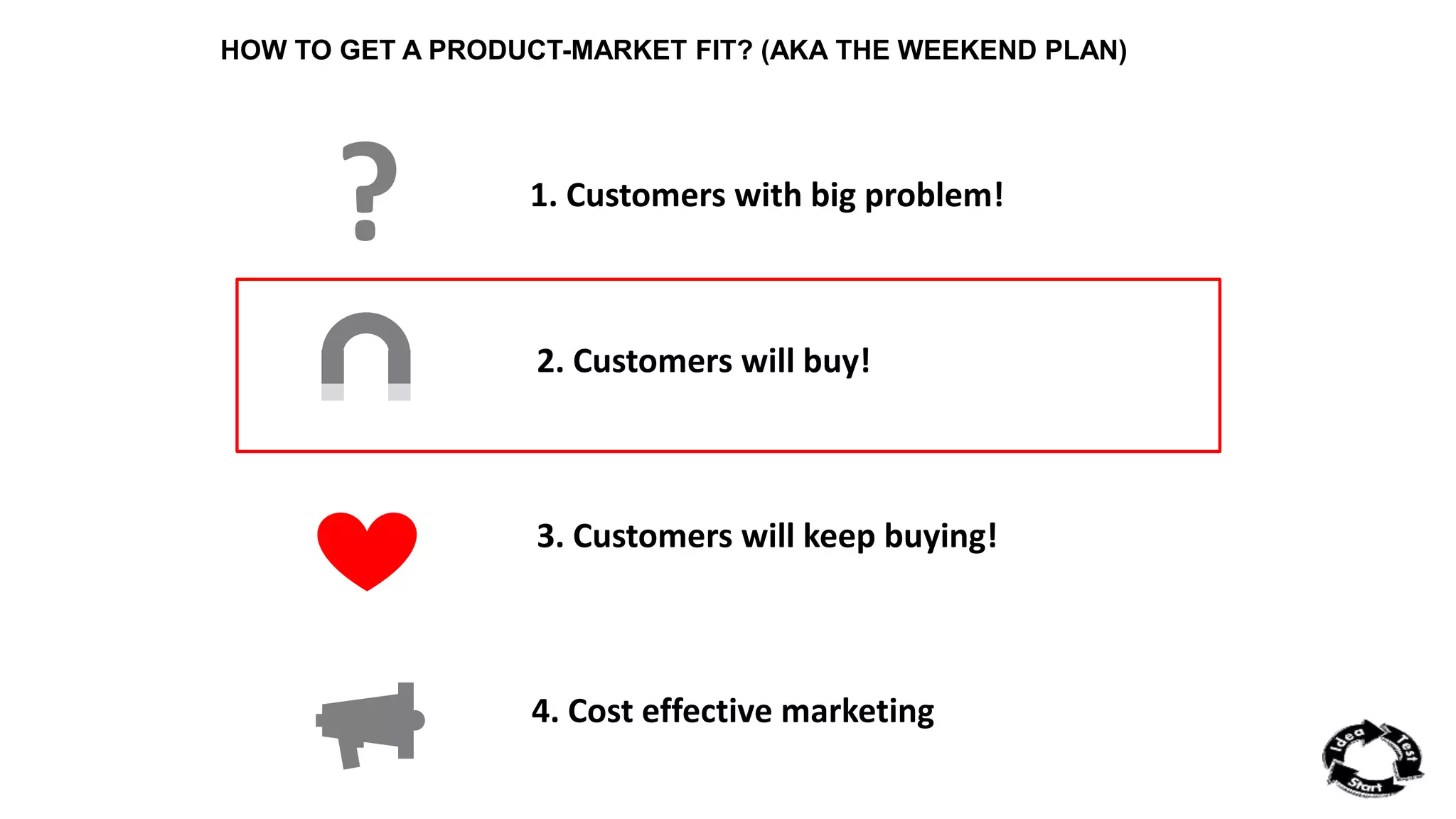 HOW TO GET A PRODUCT-MARKET FIT? (AKA THE WEEKEND PLAN) 
1. Customers with big problem! 
2. Customers will buy! 
3. Customers will keep buying! 
4. Cost effective marketing 
? 
 