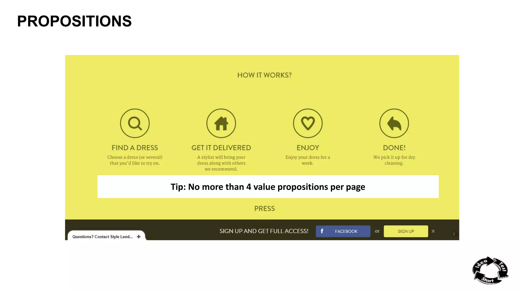PROPOSITIONS 
Tip: No more than 4 value propositions per page 
 