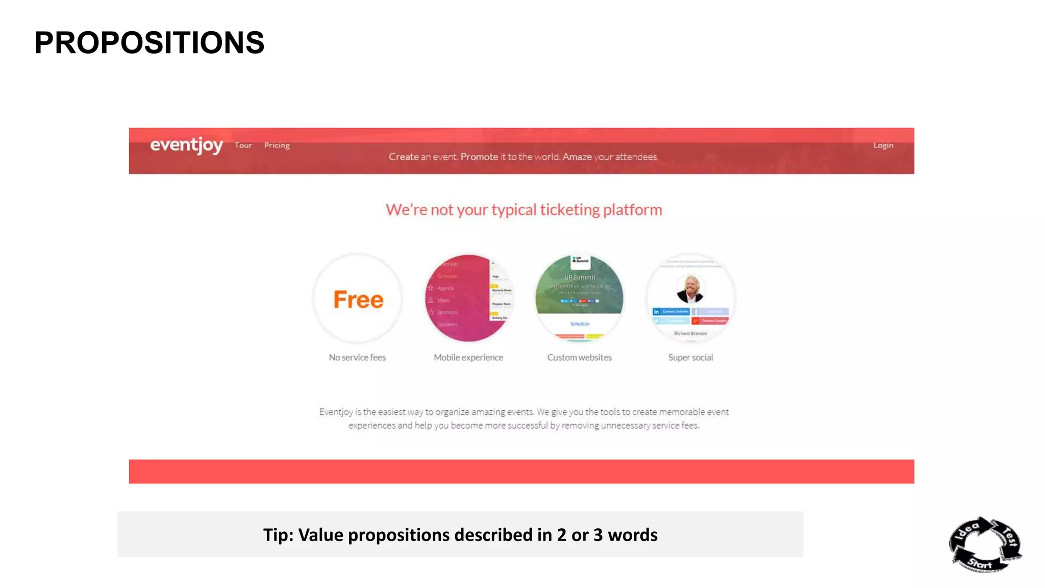 PROPOSITIONS 
Tip: Value propositions described in 2 or 3 words 
 