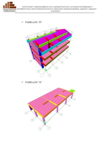 ”SUSTITUCION Y REFORZAMIENTO DE LA INFRAESTRUCTURA, DOTACION DE MOBILIARIO Y 
EQUIPAMIENTO DE LA INSTITUCION EDUCATIVA N° 54004 FRAY ARMANDO BONIFAZ-ABANCAY-ABANCAY-APURIMAC” 
 PABELLON “E” 
 PABELLON “G” 
 