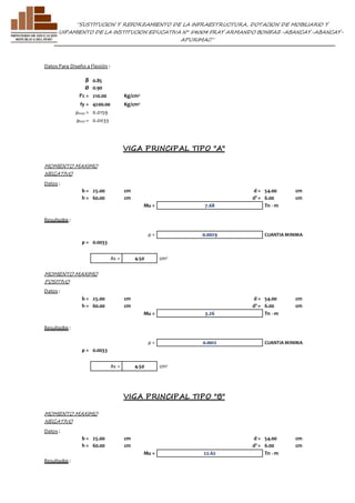 ”SUSTITUCION Y REFORZAMIENTO DE LA INFRAESTRUCTURA, DOTACION DE MOBILIARIO Y 
EQUIPAMIENTO DE LA INSTITUCION EDUCATIVA N° 54004 FRAY ARMANDO BONIFAZ-ABANCAY-ABANCAY-APURIMAC” 
Datos Para Diseño a Flexión : 
β 0.85 
Ø 0.90 
f'c = 210.00 Kg/cm2 
fy = 4200.00 Kg/cm2 
ρmax = 0.0159 
ρmin = 0.0033 
VIGA PRINCIPAL TIPO "A" 
MOMENTO MAXIMO 
NEGATIVO 
Datos : 
b = 25.00 cm d = 54.00 cm 
h = 60.00 cm d' = 6.00 cm 
Mu = 7.68 Tn - m 
Resultados : 
ρ = 0.0029 CUANTIA MINIMA 
ρ = 0.0033 
As = 4.50 cm2 
MOMENTO MAXIMO 
POSITIVO 
Datos : 
b = 25.00 cm d = 54.00 cm 
h = 60.00 cm d' = 6.00 cm 
Mu = 3.26 Tn - m 
Resultados : 
ρ = 0.0012 CUANTIA MINIMA 
ρ = 0.0033 
As = 4.50 cm2 
VIGA PRINCIPAL TIPO "B" 
MOMENTO MAXIMO 
NEGATIVO 
Datos : 
b = 25.00 cm d = 54.00 cm 
h = 60.00 cm d' = 6.00 cm 
Mu = 22.62 Tn - m 
Resultados : 
 