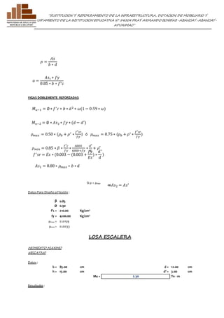”SUSTITUCION Y REFORZAMIENTO DE LA INFRAESTRUCTURA, DOTACION DE MOBILIARIO Y 
EQUIPAMIENTO DE LA INSTITUCION EDUCATIVA N° 54004 FRAY ARMANDO BONIFAZ-ABANCAY-ABANCAY-APURIMAC” 
휌 = 
VIGAS DOBLEMENTE REFORZADAS 
푀푢−1 = ∅ ∗ 푓′ 푐 ∗ 푏 ∗ 푑 2 ∗ 휔(1 − 0.59 ∗ 휔) 
푓′ 푠푟 = 퐸푠 ∗ (0.003 − (0.003 + 
Si ρ < ρmax 
Datos Para Diseño a Flexión : 
β 0.85 
Ø 0.90 
f'c = 210.00 Kg/cm2 
fy = 4200.00 Kg/cm2 
ρmax = 0.0159 
ρmin = 0.0033 
LOSA ESCALERA 
MOMENTO MAXIMO 
NEGATIVO 
Datos : 
b = 85.00 cm d = 12.00 cm 
h = 15.00 cm d' = 3.00 cm 
Mu = 2.30 Tn - m 
Resultados : 
퐴푠 
푏 ∗ 푑 
푎 = 
퐴푠1 ∗ 푓푦 
0.85 ∗ 푏 ∗ 푓′ 푐 
퐴푠1 = 0.80 ∗ 휌푚푎푥 ∗ 푏 ∗ 푑 
푓푦 
퐸푠 
) ∗ 
푑 ′ 
푑 
) 
휌푚푎푥 = 0.50 ∗ (휌푏 + 휌′ ∗ 
푓′푠푟 
푓푦 
) ó 휌푚푎푥 = 0.75 ∗ (휌푏 + 휌′ ∗ 
푓′푠푟 
푓푦 
) 
휌푚푖푛 = 0.85 ∗ 훽 ∗ 
푓′푐 
푓푦 
∗ 
6000 
6000+푓푦 
∗ 
푑′ 
푑 
+ 휌′ 
푀푢−2 = ∅ ∗ 퐴푠2 ∗ 푓푦 ∗ (푑 − 푑′) 
⇛퐴푠2 = 퐴푠′ 
 